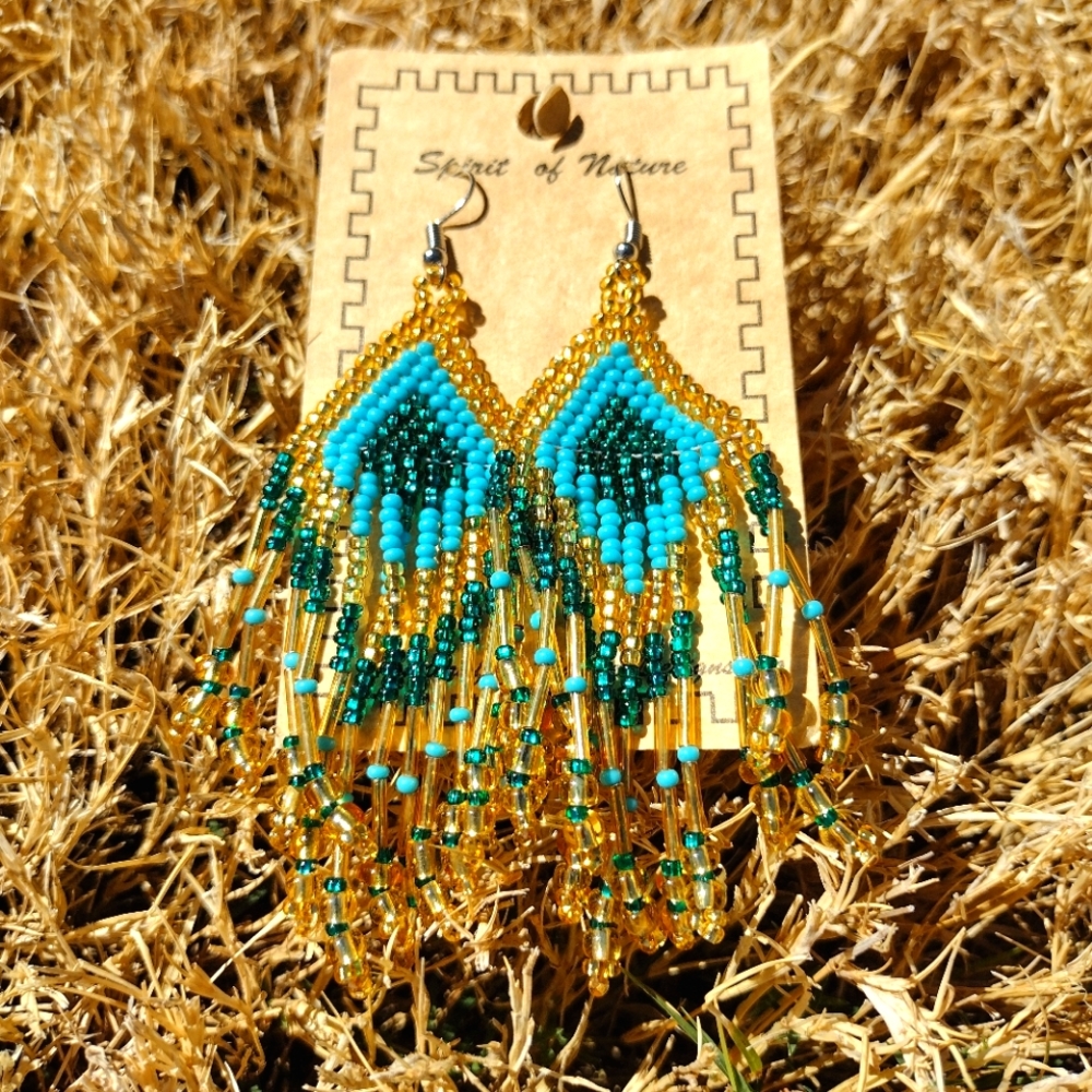 NEW !! Huge BEADED dangling Blue and Gold Beaded Earrings western fashion - Picture 1 of 3